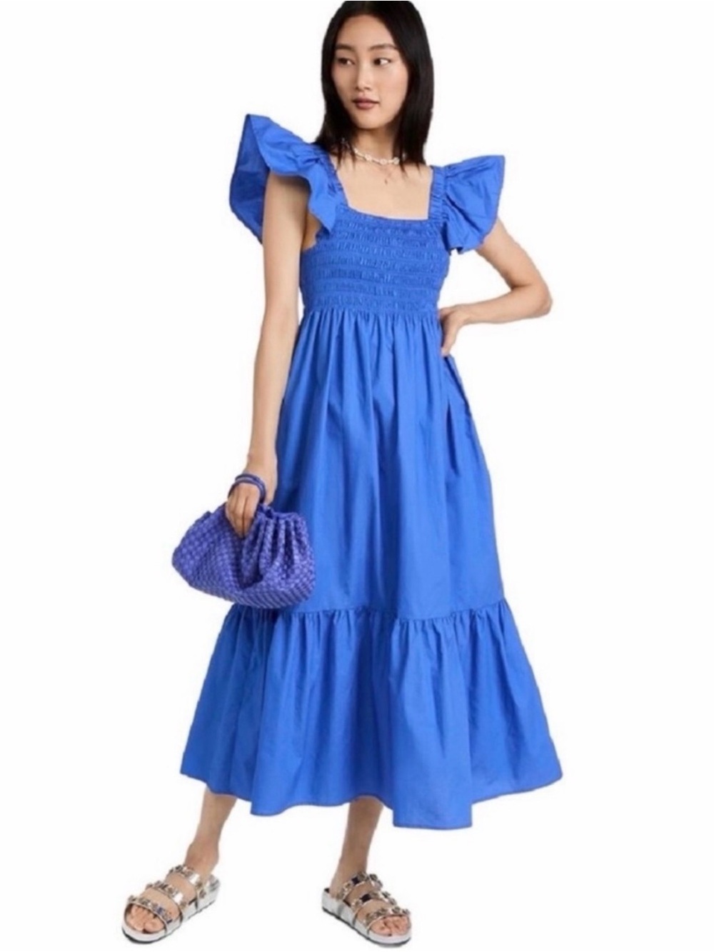 o.p.t. Tuscany Womens M Cobalt Blue Smocked Ruffle Midi Dress Tiered Skirt